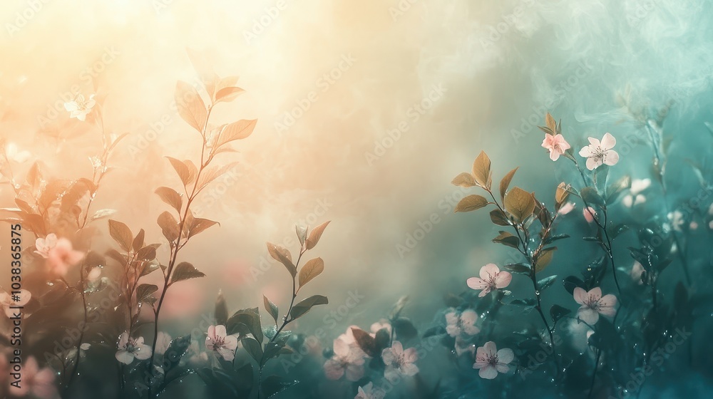 Soft pastel Spring background with fresh, blossom flowers and leaves in mist, smoke and Spring dew. Generative AI. Soft pastel Spring background with fresh, blossom flowers and leaves in mist, smoke and Spring dew. Generative AI.