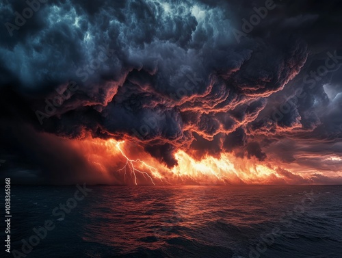 Dramatic Lightning Storm Over a Dark Ocean, with Fiery Clouds and Powerful Nature Forces Clashing