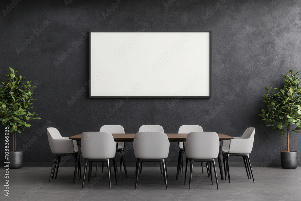 A modern conference room featuring a long wooden table, stylish gray chairs, and green plants against a dark wall with a blank framed screen. A modern conference room featuring a long wooden table, stylish gray chairs, and green plants against a dark wall with a blank framed screen.