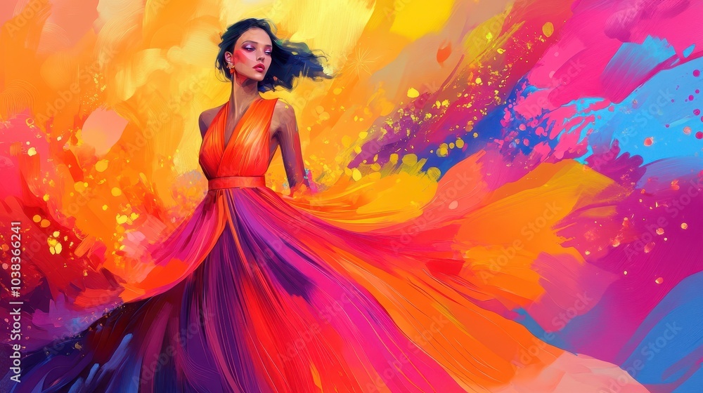 Fashion model in a colorful, modern, abstract dress. Futuristic catwalk outfit. Vivid colors, party look. Bright colors background. Illustration. Generative AI. Fashion model in a colorful, modern, abstract dress. Futuristic catwalk outfit. Vivid colors, party look. Bright colors background. Illustration. Generative AI.