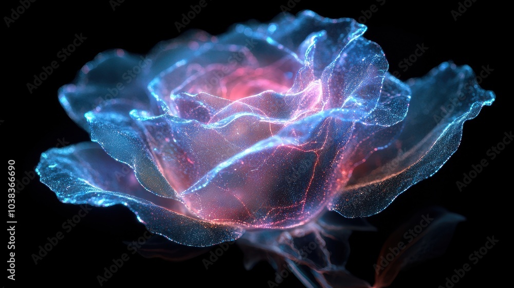 Obraz premium Futuristic neon rose on black background, virtual metaverse technology world, fantasy, sci-fi, generative AI.