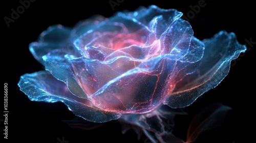 Futuristic neon rose on black background, virtual metaverse technology world, fantasy, sci-fi, generative AI.