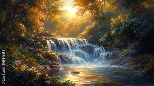 Serene waterfall flowing through a tranquil forest landscape.