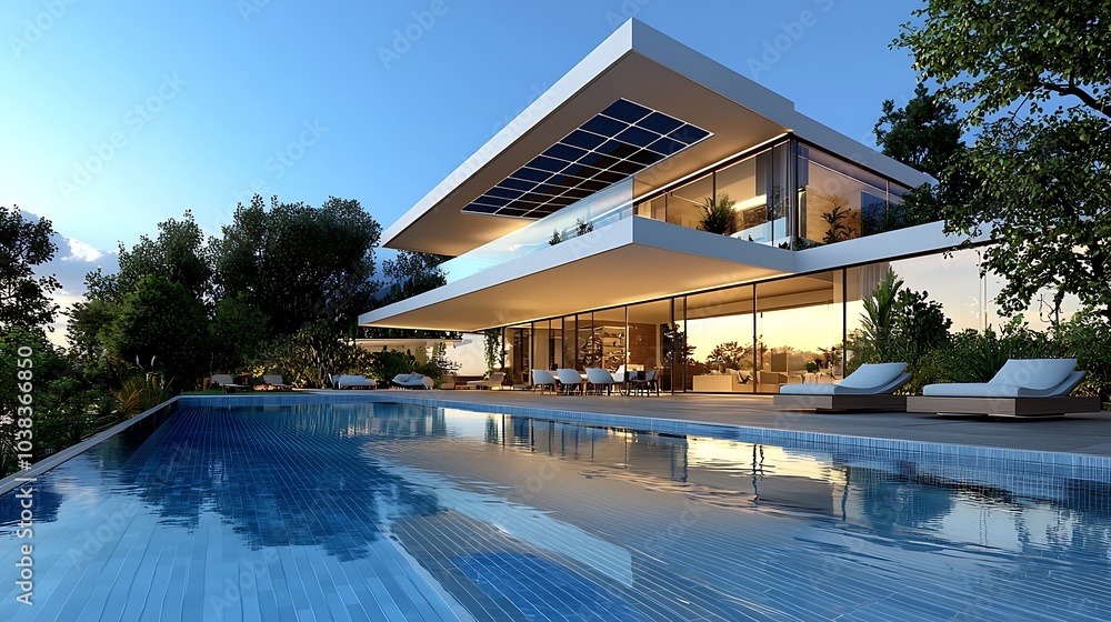 Obraz premium Modern Luxury Villa with Swimming Pool and Sunset View