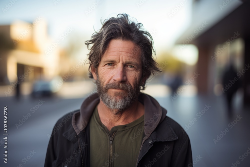 Handsome middle aged man with long gray hair and beard in urban background Handsome middle aged man with long gray hair and beard in urban background