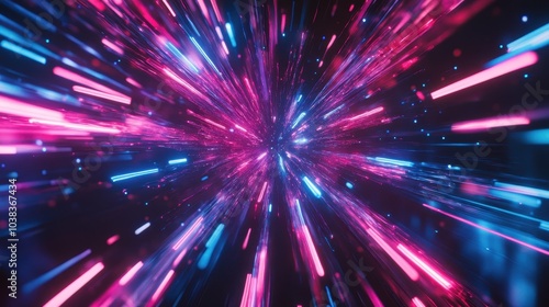 Abstract Background with Pink and Blue Neon Lights Streaks and Glowing Particles.