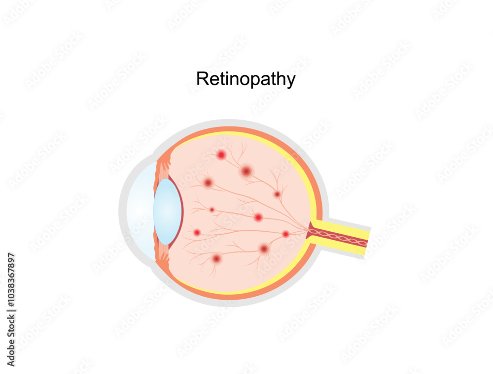 Diabetic retinopathy. Healthy eye and damaged eye. Retinal damage, vision loss. Diabetes disease. Hemorrhages, aneurysms, abnormal blood vessels. Scientific vector illustration. Diabetic retinopathy. Healthy eye and damaged eye. Retinal damage, vision loss. Diabetes disease. Hemorrhages, aneurysms, abnormal blood vessels. Scientific vector illustration.