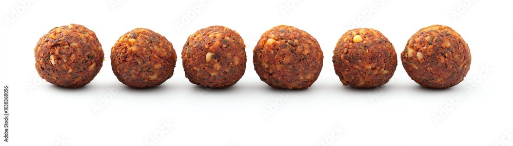 Brown, round snacks arranged neatly in a row, white isolate background. Brown, round snacks arranged neatly in a row, white isolate background.