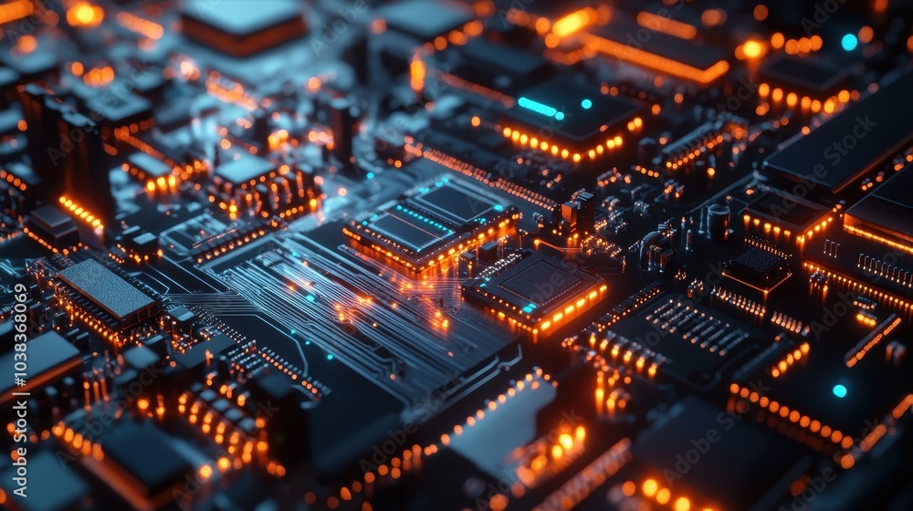 Obraz premium Closeup of a Futuristic Circuit Board with Glowing Orange and Blue Lights - Abstract Technology Background.