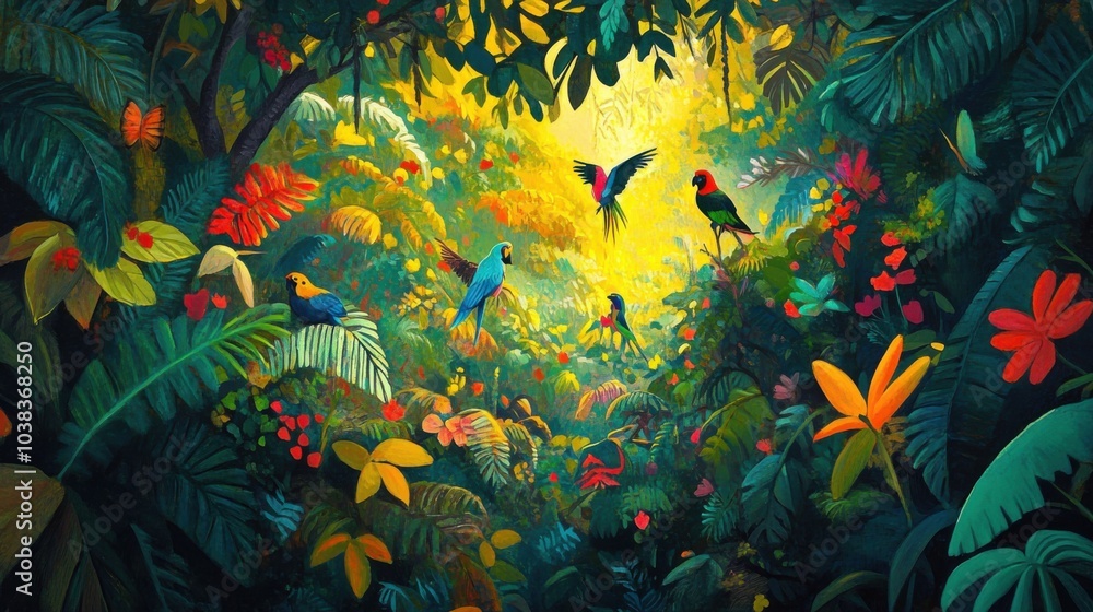 Vibrant Jungle Scene with Colorful Birds and Foliage Vibrant Jungle Scene with Colorful Birds and Foliage