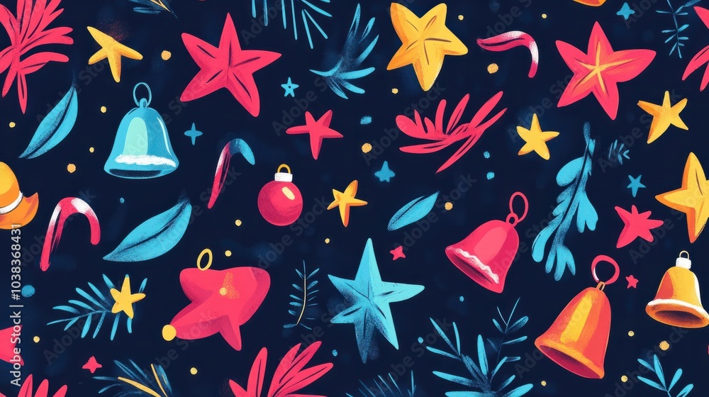 Fototapeta premium A detailed Full HD seamless Christmas-themed pattern with bright, vibrant colors and pastel shades, featuring holiday symbols like stars, bells, and Santa hats.