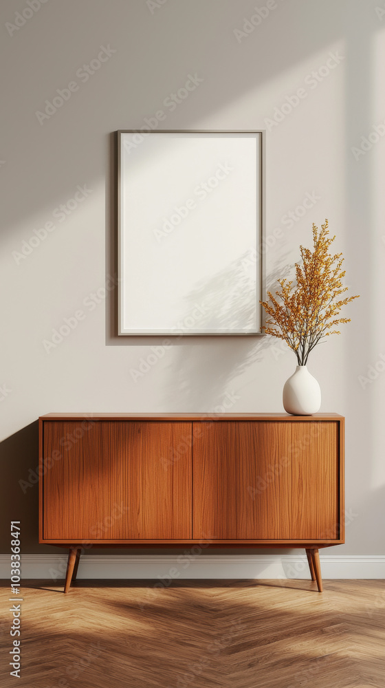 A stylish living space showcasing a wooden cabinet, a decorative vase, and a blank wall ready for art, illuminated by natural light. A stylish living space showcasing a wooden cabinet, a decorative vase, and a blank wall ready for art, illuminated by natural light.