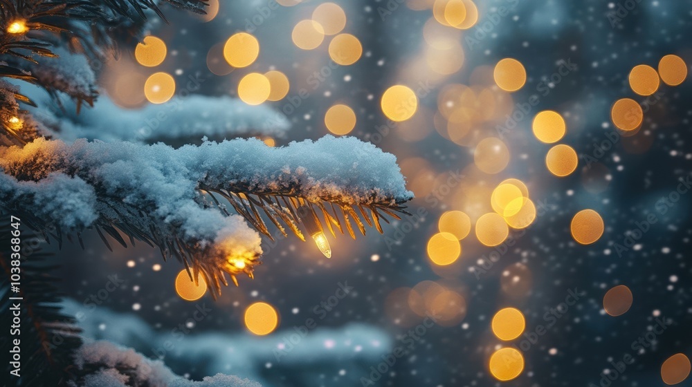 Naklejka premium Snow-covered pine branch with Christmas lights glowing, and a blurred bokeh background with falling snow