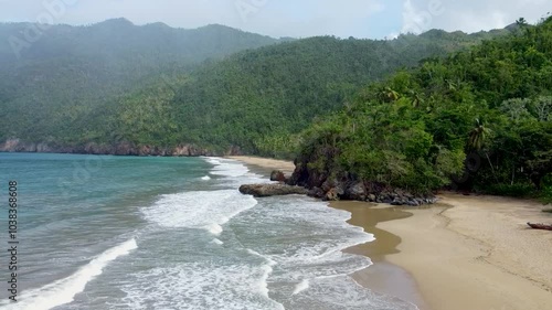 Aerial view of Caribbean beach with blue sea and green palm trees, panoramic view of the beach and crystal clear water. Totally clean beaches. Dominican Republic. photo