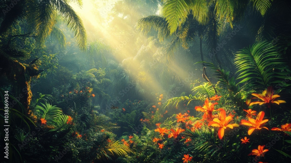 Vibrant Tropical Jungle with Glowing Green Plants Vibrant Tropical Jungle with Glowing Green Plants