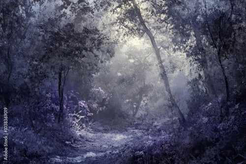 A mysterious forest landscape featuring violet shades, green, gray-beige, brown, and dark gray tones, creating an atmosphere of mystery and depth photo