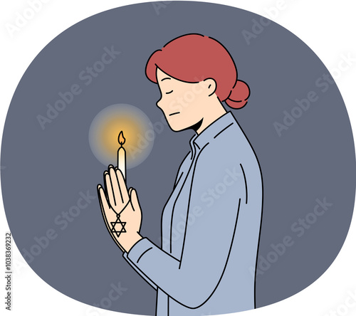 Canvastavla Praying jewish woman with star of david and burning candle in hand for international holocaust remembrance day concept