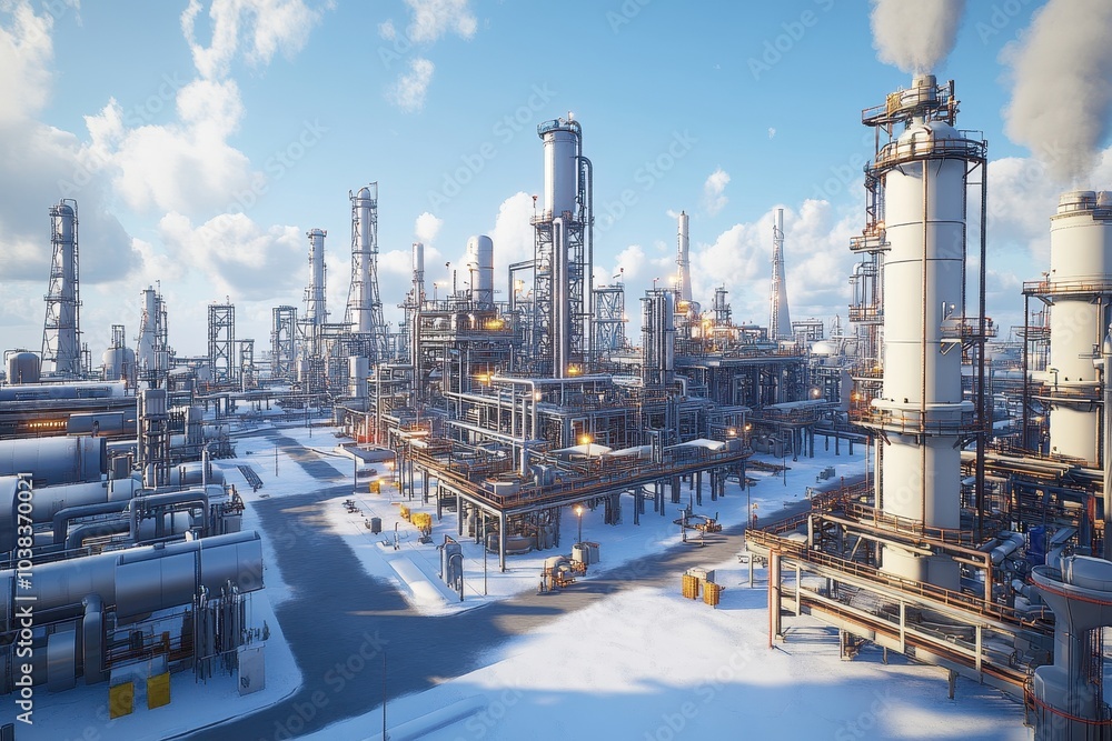 Expansive View of a Modern Industrial Complex with Towers Pipes and Machinery Under a Clear Blue Sky Expansive View of a Modern Industrial Complex with Towers Pipes and Machinery Under a Clear Blue Sky