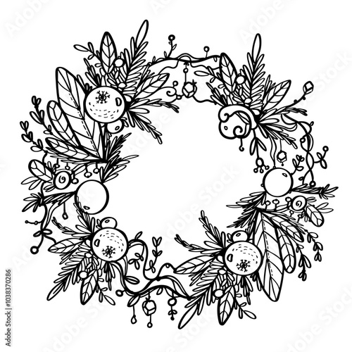 Christmas wreath - black doodle hand-drawn, simple lines. 