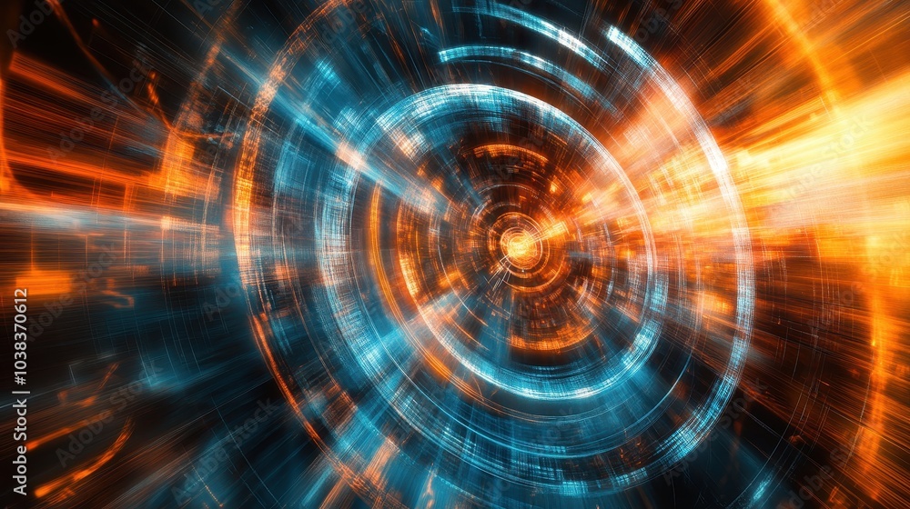 Obraz premium Abstract Digital Technology Background with Glowing Circular Pattern in Blue and Orange Hues.