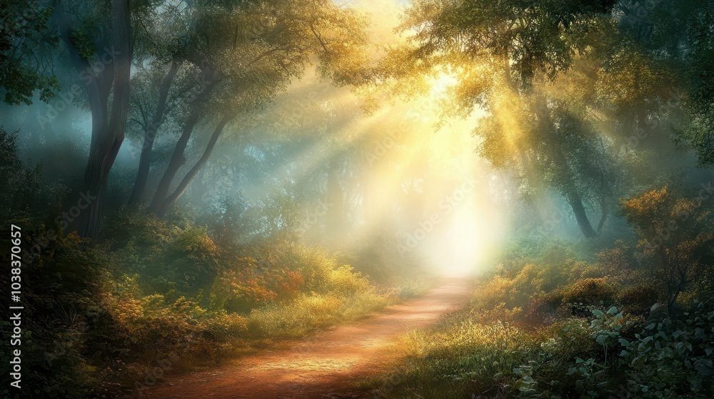 Obraz premium A Serene Journey Through a Sunlit Forest Path Embracing Nature's Tranquility and Beauty