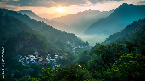 mountain shrine sunrise, silhouetted vaishno devi shrine against lush greenery, set amidst layers of mountains, bathed in early morning golden light, under a dramatic sky