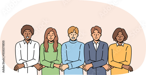 Team of multiracial people students holding hands and showing unity or lack of discord among university pupils. Team of diverse students participate in team-building and trust-building activity