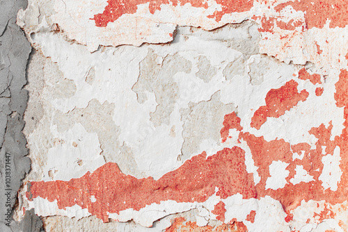 Grunge red concrete background. Textured plaster wall. Color of the year 2025 concept. Top view, layout for design. Surface with peeling shabby pattern.