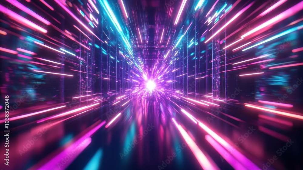 Obraz premium Abstract Neon Lights Background - Pink and Blue Streaks of Light in a Dark Corridor