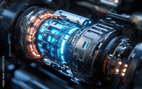 Close-up of Futuristic Machine with Glowing Blue and Orange Lights - High Tech Mechanical Design.