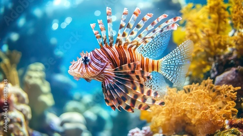 Fototapeta Naklejka Na Ścianę i Meble -  A vibrant, colorful lionfish with long, spiky fins swims through an aquarium, with coral reefs and blue water in the background.