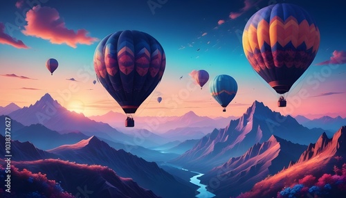 Two colorful hot air balloons floating over a mountainous landscape at sunset