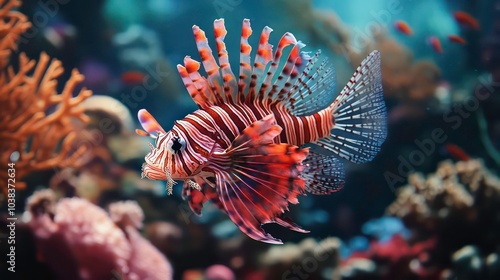 A vibrant red, white, and blue lionfish swims in a coral reef aquarium.