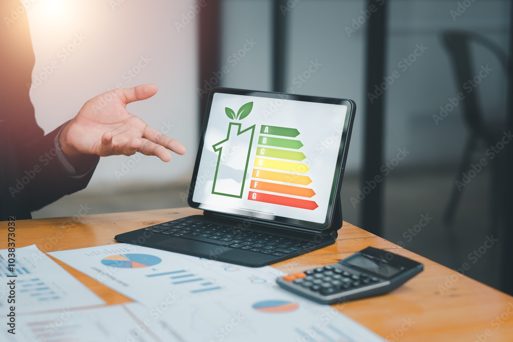 Digital display illustrating energy efficiency with a focus on sustainable solutions and eco-friendly practices. Digital display illustrating energy efficiency with a focus on sustainable solutions and eco-friendly practices.