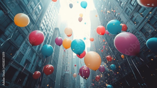 In a city street full of tall buildings in the city center, colorful pastel helium balloons fly into the sky, happiness and joy in a dull gray concrete environment. photo