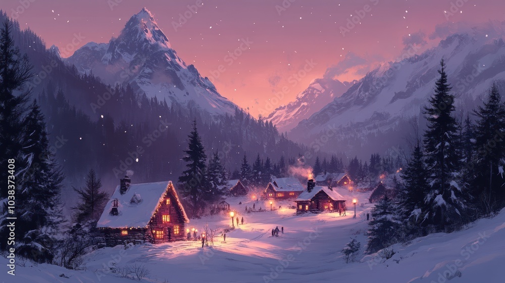 Fototapeta premium The Illustrated landscape of a small village during Christmas holidays under high mountains with white snow. New Years Eve and decorated houses with light lamps.