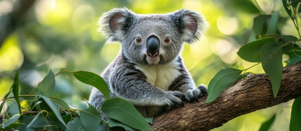 Fototapeta premium A cute koala sitting on a branch, looking at the camera with a curious expression.