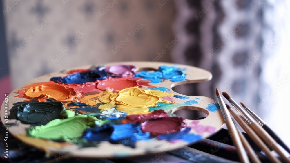Colorful artist palette with paint and brushes on a blurred background. Colorful artist palette with paint and brushes on a blurred background.