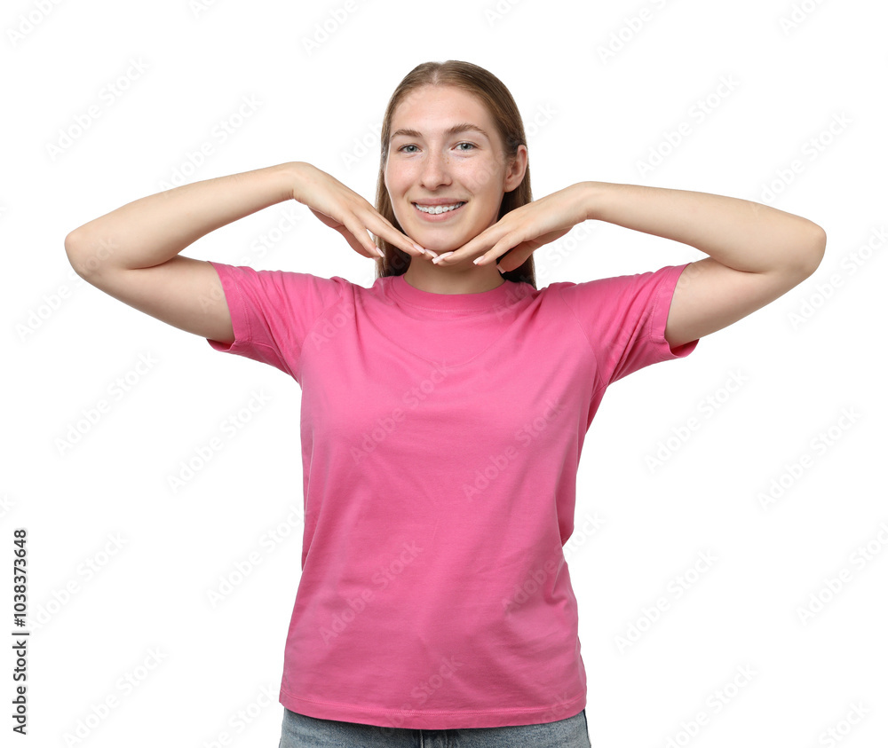 Smiling girl with braces on white background Smiling girl with braces on white background