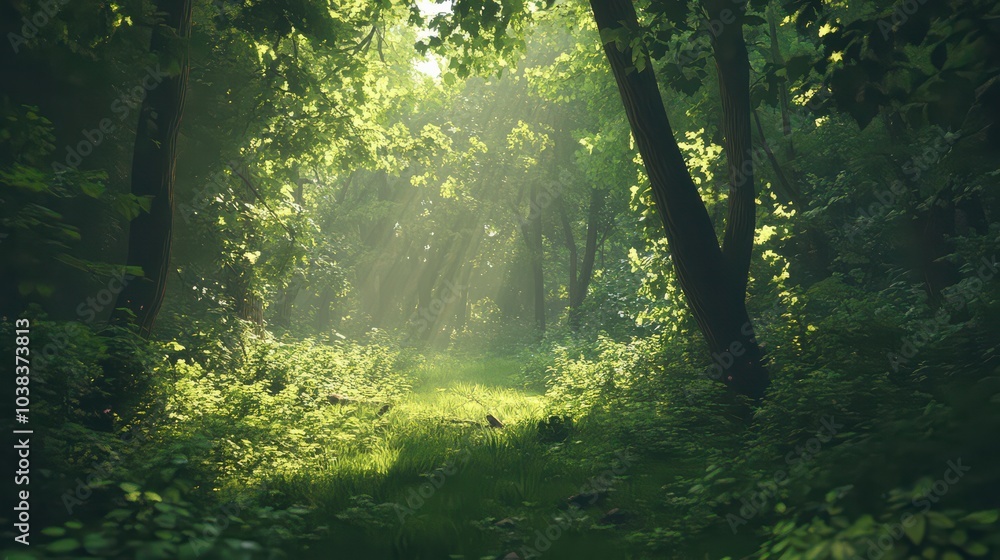 Fototapeta premium Serene Sunlit Forest with Lush Green Undergrowth - Peaceful Woodland Landscape 