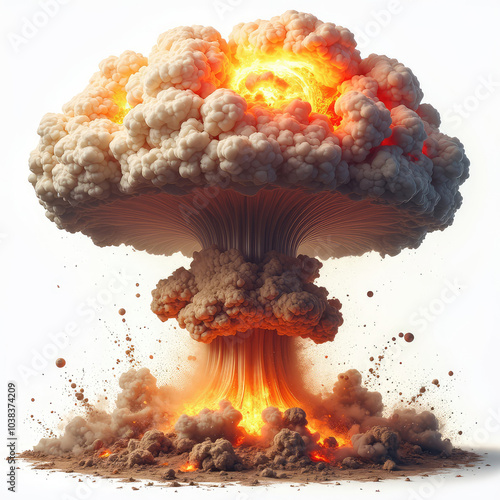 Dramatic mushroom cloud explosion nuclear detonation isolated on white background