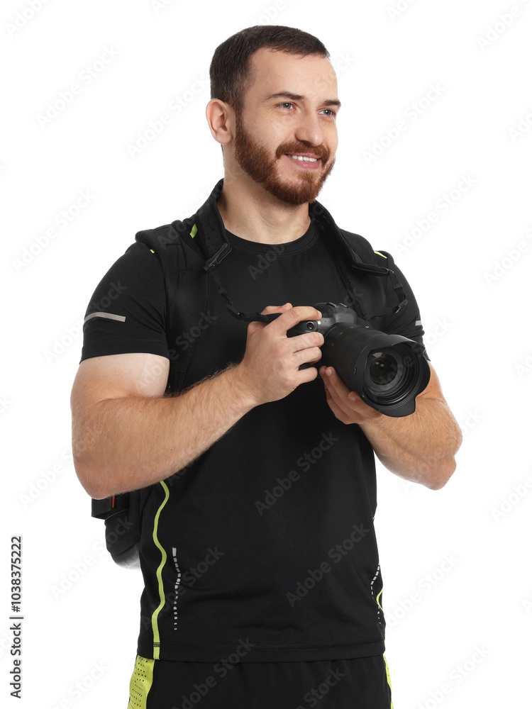 Photographer with backpack and camera on white background Photographer with backpack and camera on white background