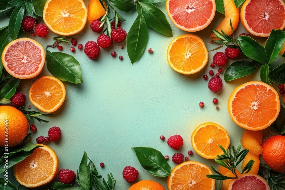 Fresh citrus fruits and berries arranged beautifully on a mint-green background Fresh citrus fruits and berries arranged beautifully on a mint-green background