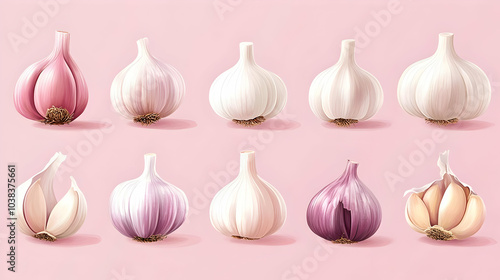 Garlic Bulbs on Pink Background.