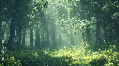 Serene Sunlit Forest with Lush Green Undergrowth - Peaceful Woodland Landscape 