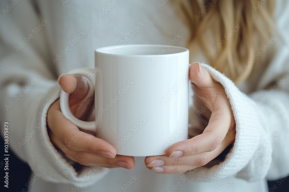Woman is holding white mug in hands, white coffee mug mockup Woman is holding white mug in hands, white coffee mug mockup