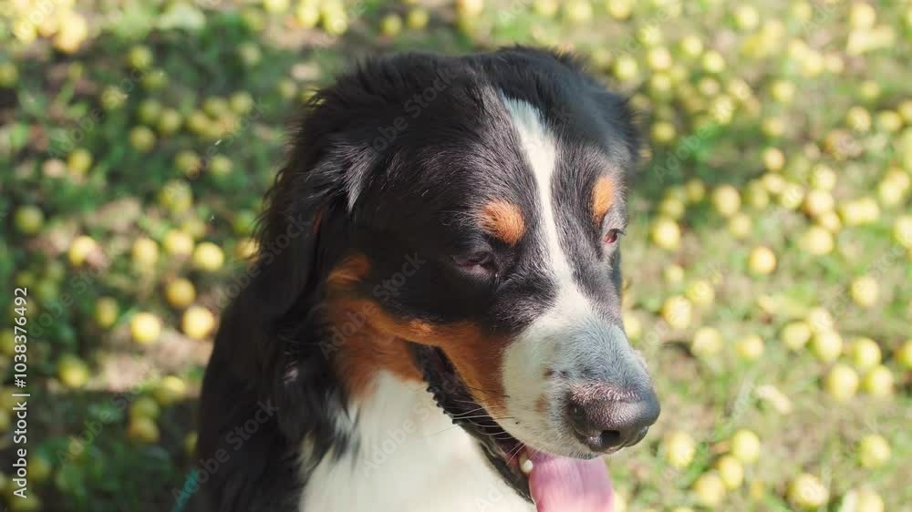 Bernese Mountain Dog standing in forest park Bernese Mountain Dog standing in forest park