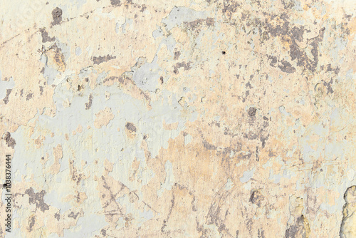 Grunge yellow concrete background. Textured plaster wall. Color of the year 2025 concept. Top view, layout for design. Surface with peeling shabby pattern.