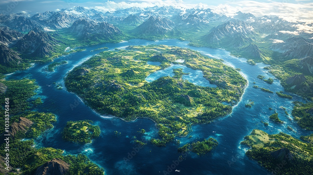 Obraz premium Aerial view of a lush, green island surrounded by water.