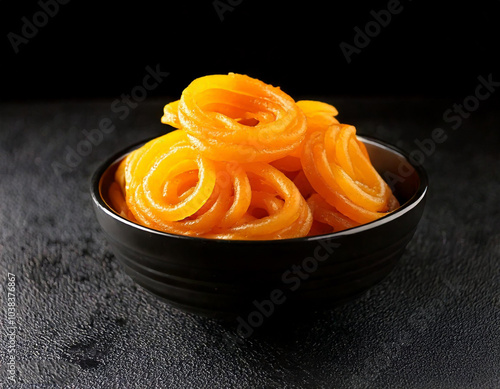 Delicious Diwali sweets jalebi served in a black bowl  photo